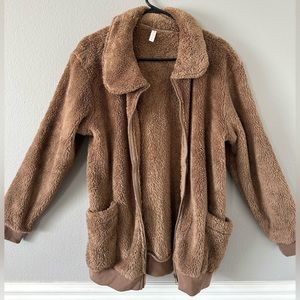 Brown teddy style fuzzy zip up jacket